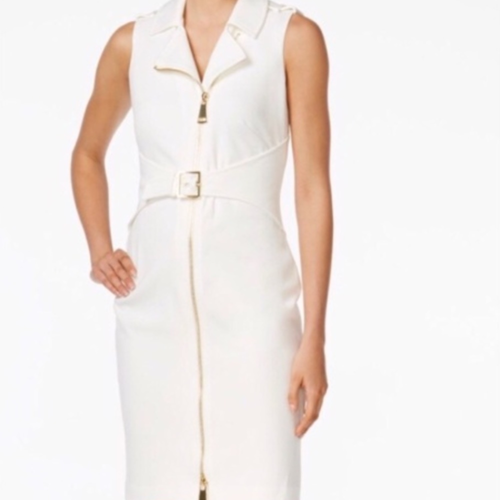 NWT! Calvin Klein White Dress with gold accents